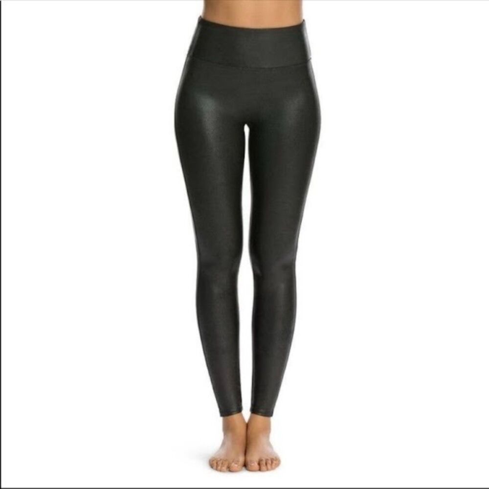 Spanx Faux Leather Moto Leggings Shaping High Waist Large Black